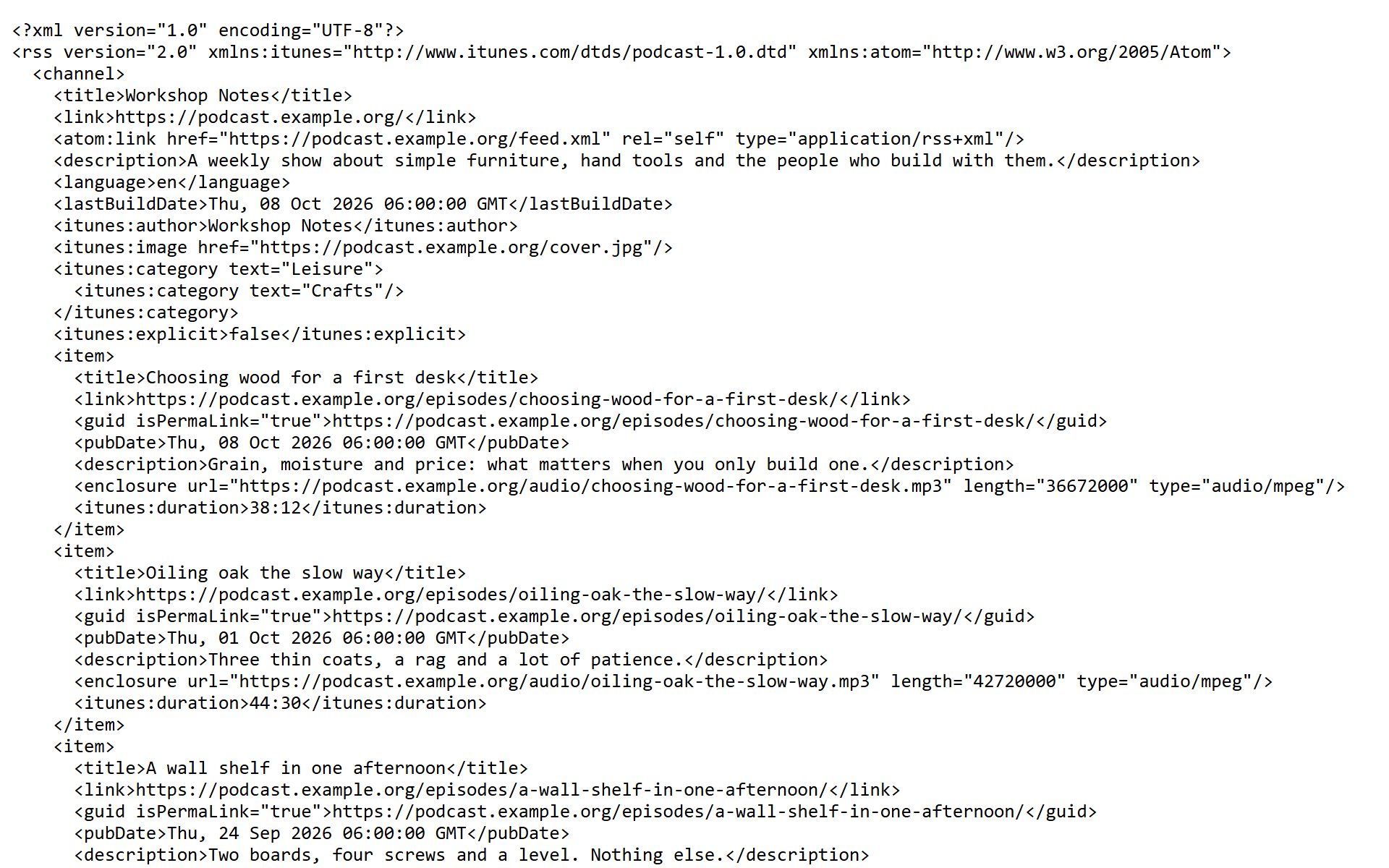 The RSS feed of a podcast shown as raw code, with its tags and the links to the audio files