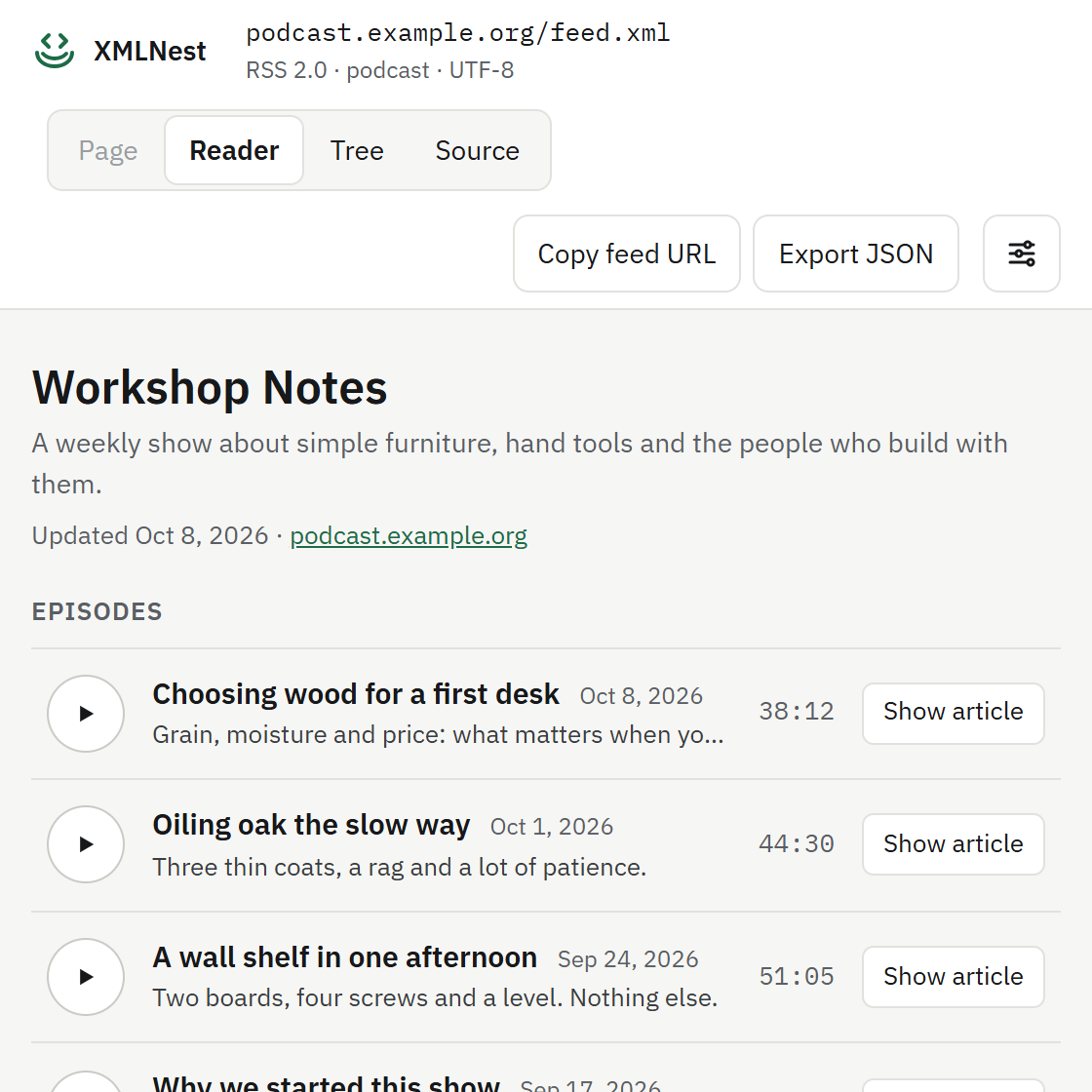 XMLNest showing a podcast feed in the reader view, with the latest episodes and a play button for each