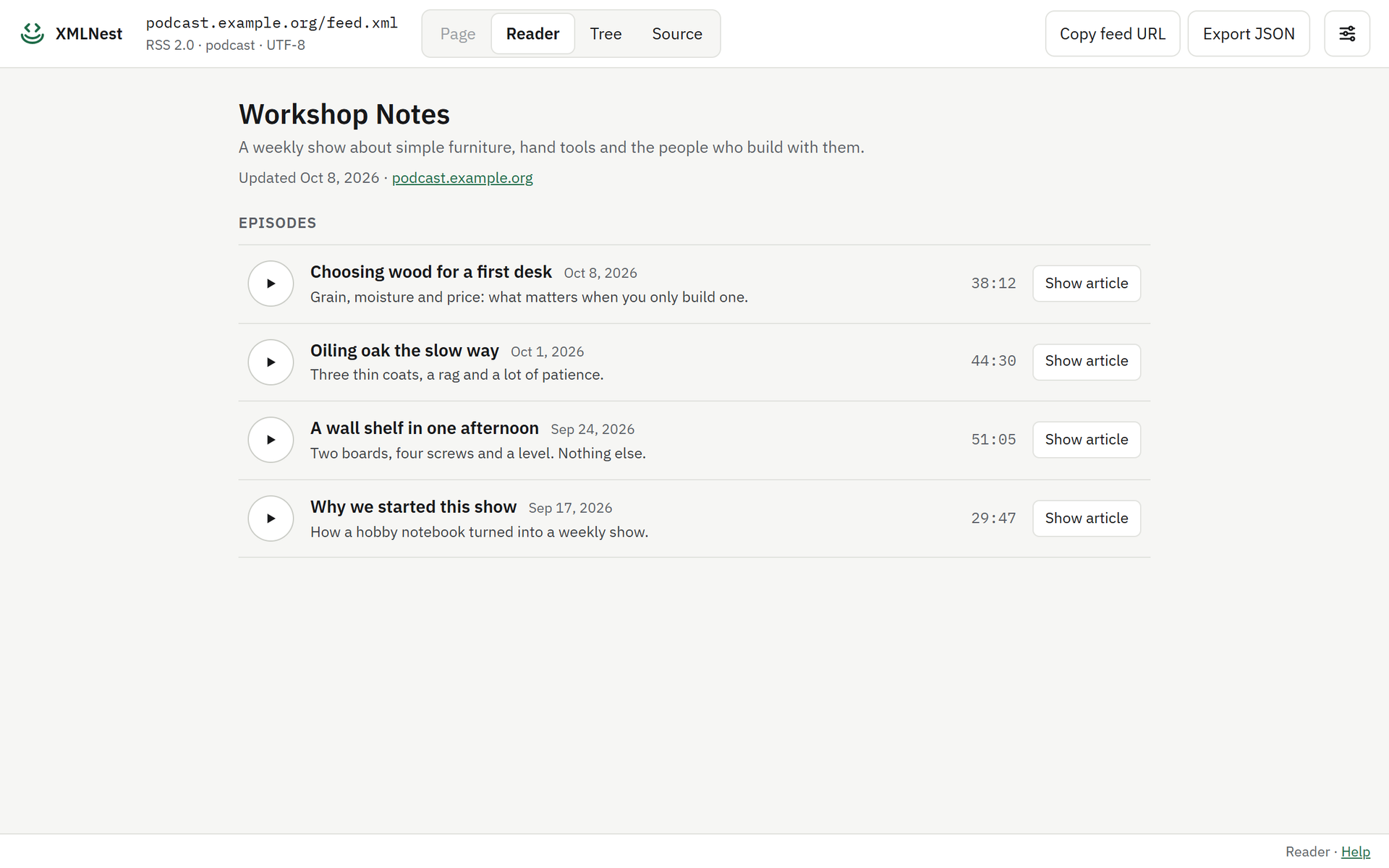 XMLNest showing a podcast RSS feed as a reader with an episode list and a play button for each episode