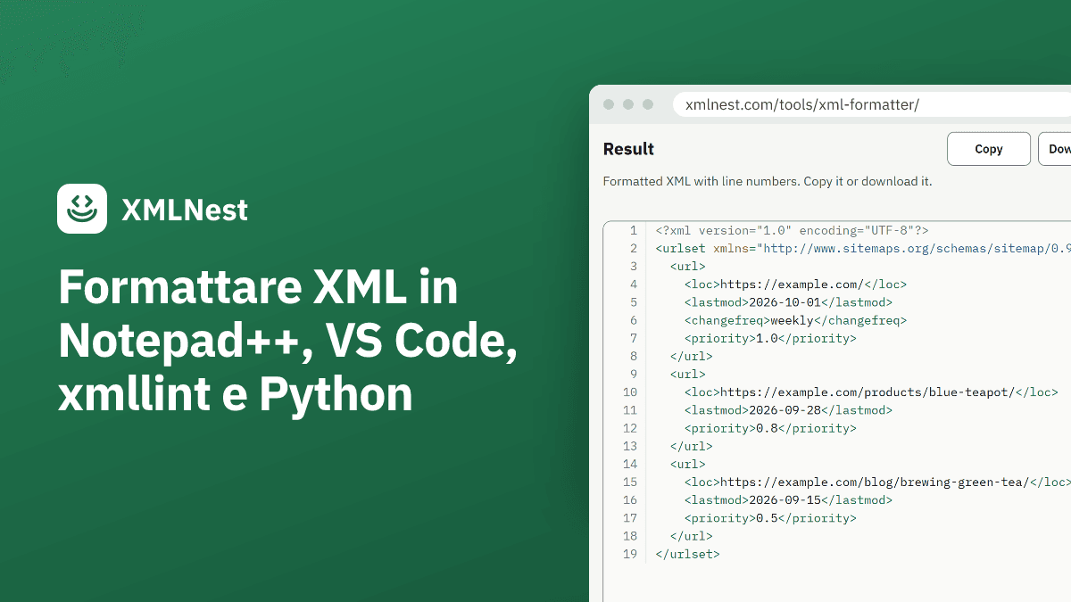 Formattare XML in Notepad++, VS Code, xmllint e Python