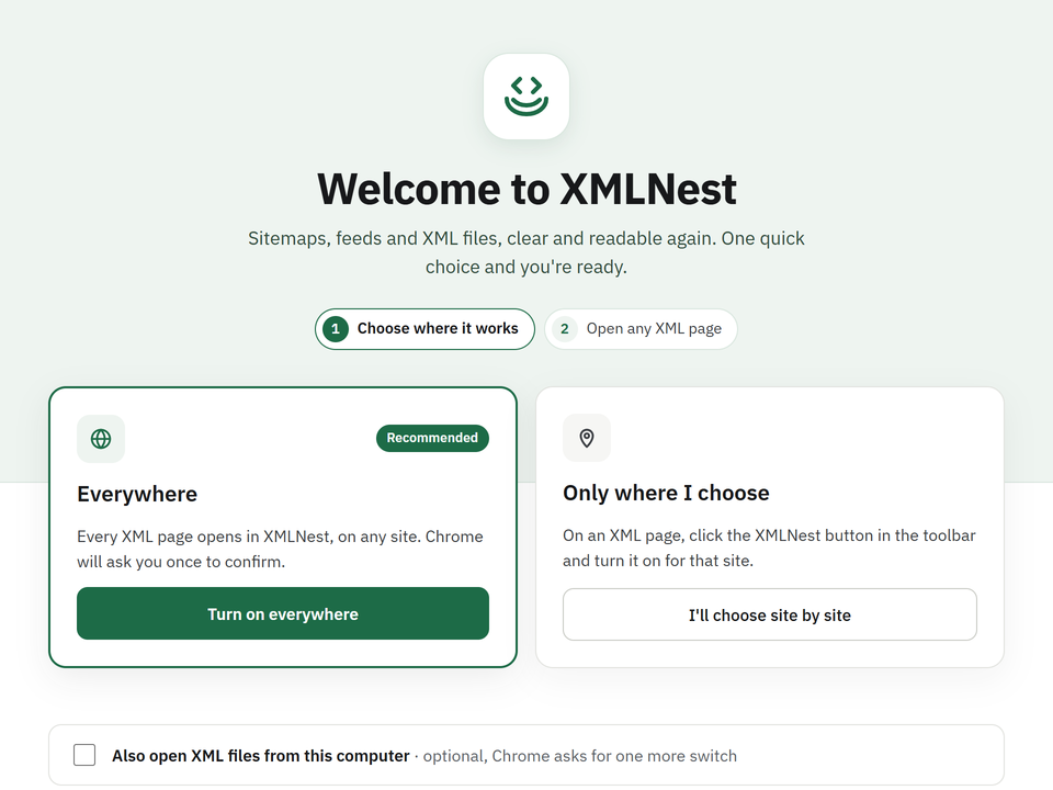 XMLNest のようこそページ（英語の画面）。「Turn on everywhere」（すべてのサイトで有効にする）とサイトごとの選択肢、このパソコンの XML ファイルを開くオプションがあります