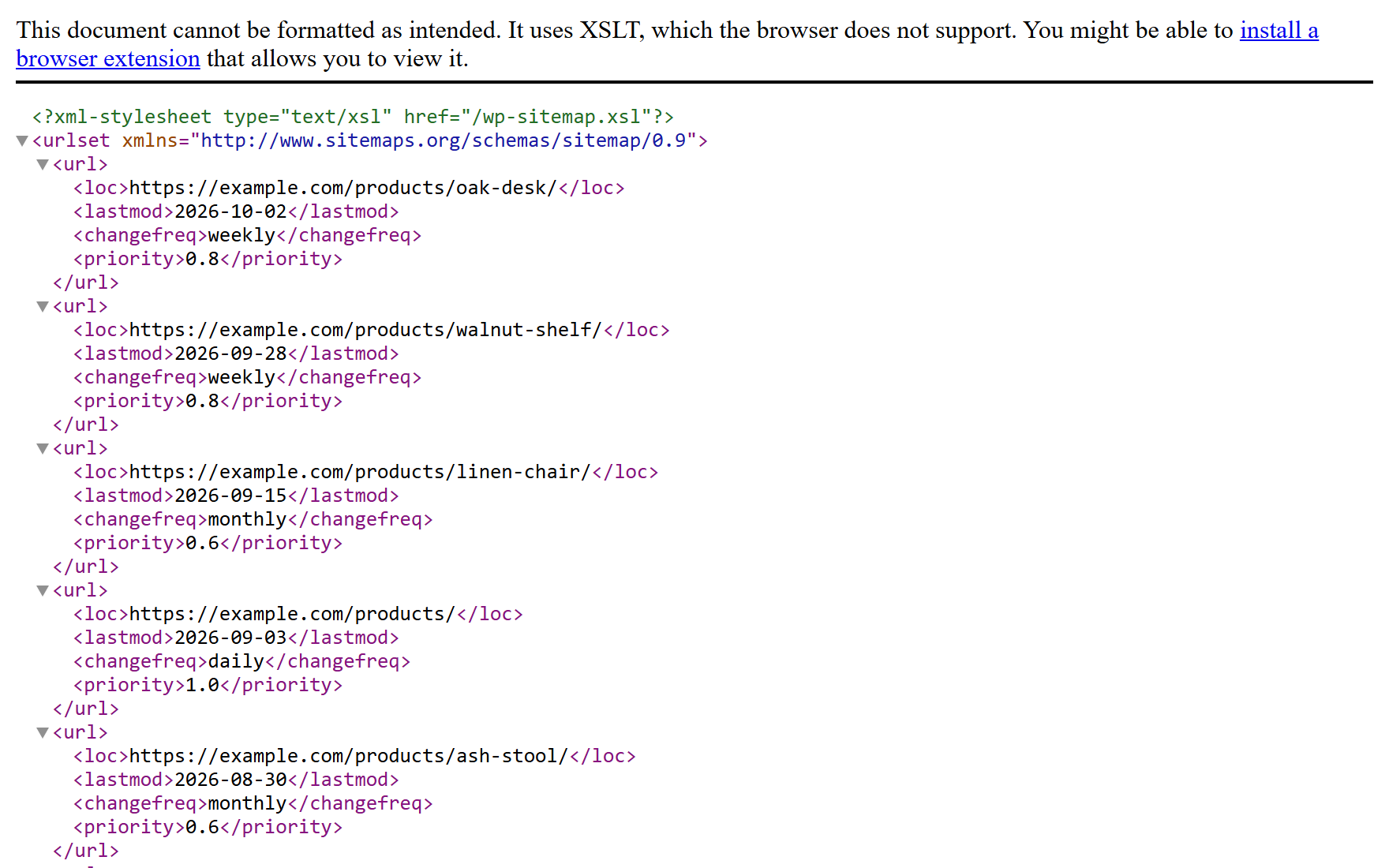 The sitemap in Chromium with XSLT turned off: the message "This document cannot be formatted as intended", then its raw XML tags in a plain foldable list, with no page layout