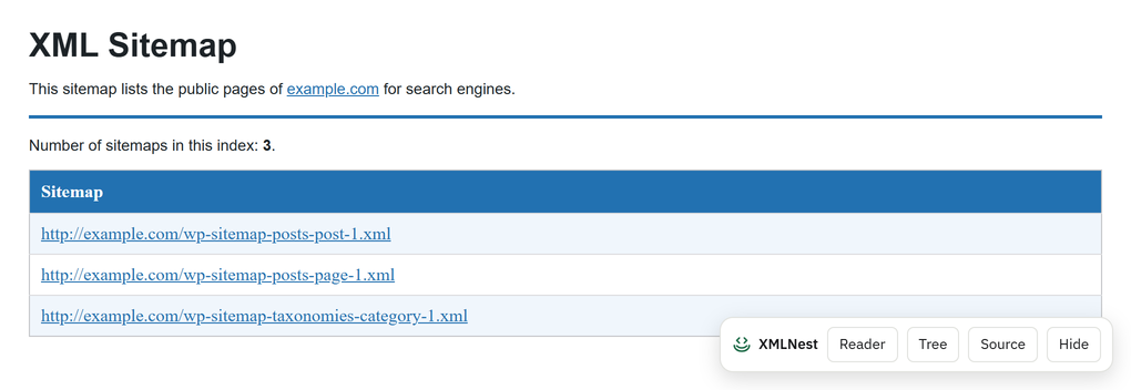 Chrome と XMLNest で、WordPress のサイトマップインデックスをサイト自身のスタイルシートで表として表示した画面