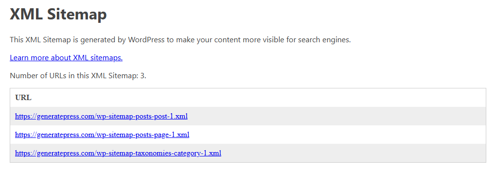 A WordPress sitemap index displayed as a table with its own stylesheet, in Chrome with XMLNest
