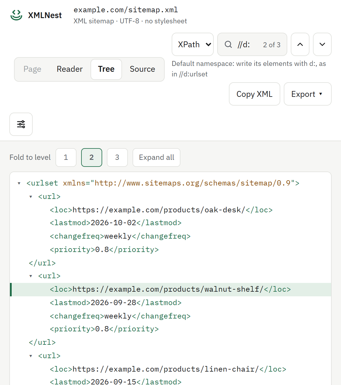 XMLNest showing an XML tree with an XPath search and the matching node selected