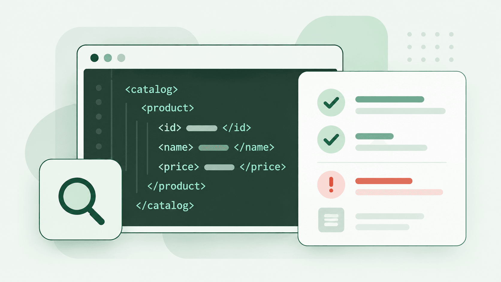 Checking a WordPress sitemap: XML code under a magnifying glass beside a checklist with two passes and one error
