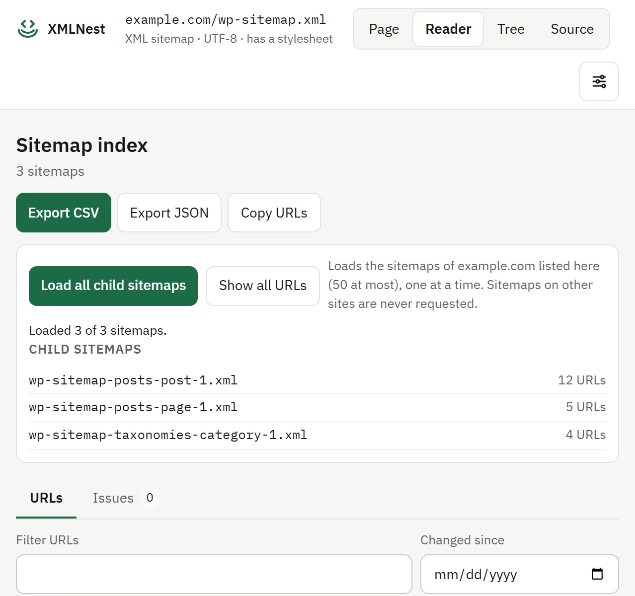 XMLNest Reader view on a WordPress index file: Load all child sitemaps has loaded 3 of 3 sitemaps, with 12, 5 and 4 URLs