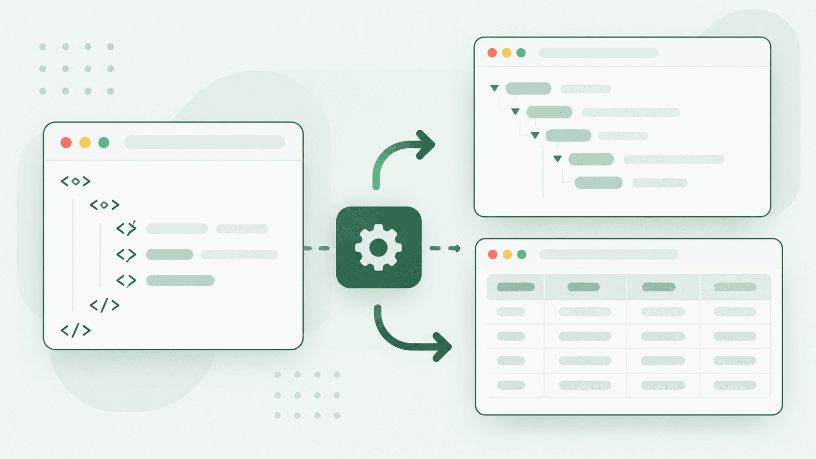 XSLT in Chrome: an XML document goes through a gear, the transformation, and comes out as a tree view and a table